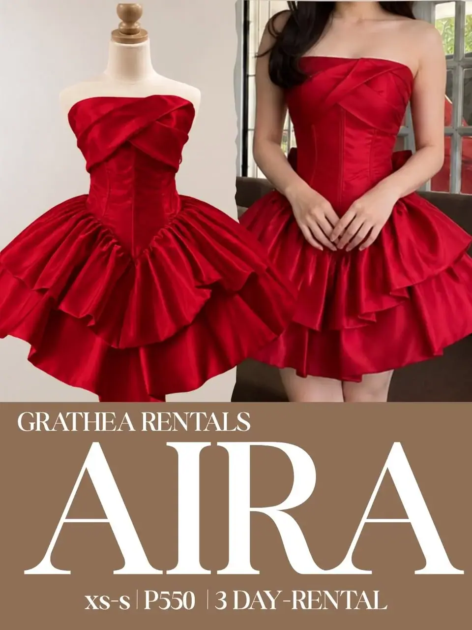 Aira: A red strapless cocktail dress with a folded crossover neckline, structured bodice and a full tiered skirt.